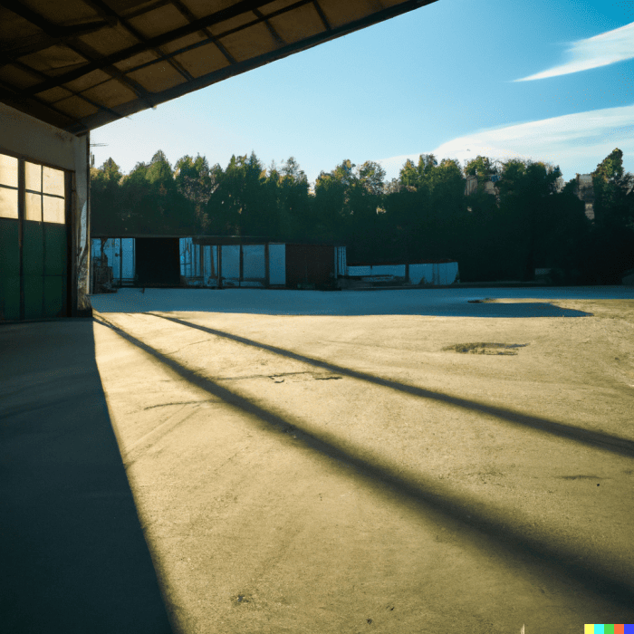 dalle 2024 01 23 081754 empty industrial hall outside image backround forest sunset – Kaavin kunta