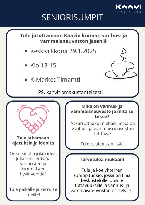 Mainos, jossa kahvikupin kuva, ja tekstiä vanhus- ja vammaisneuvostosta