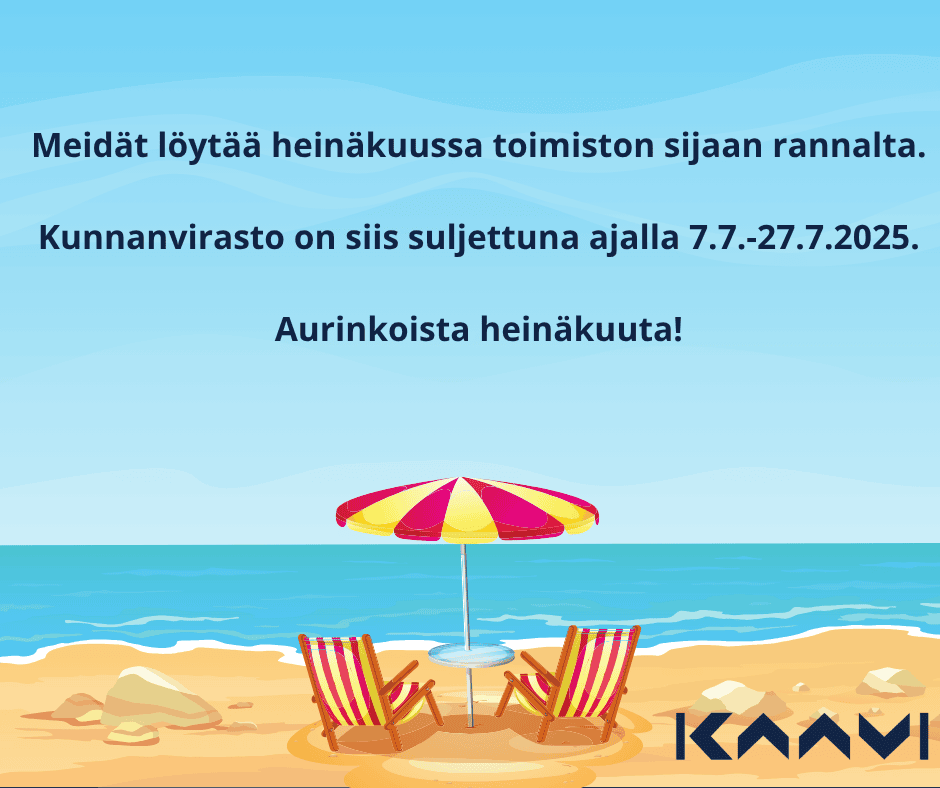 kuvituskuva, jossa kaksi tuolia, aurinkovarjo ja hiekkaranta