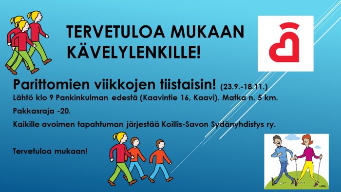 Kuvitettu mainos kävelylenkeistä, jossa kuvituskuva ihmisistä kävelemässä.