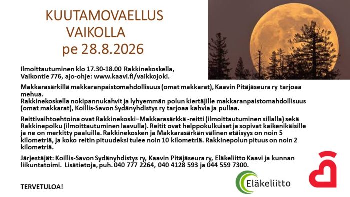 informatiivinen mainos kuutamovaelluksesta, täysikuu puiden takana