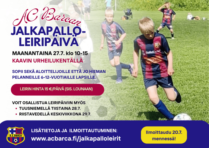 Kuvituskuva jalkapalloleirin maInoksesta. Lapset pelaamassa nurmikentällä jalkapalloa.